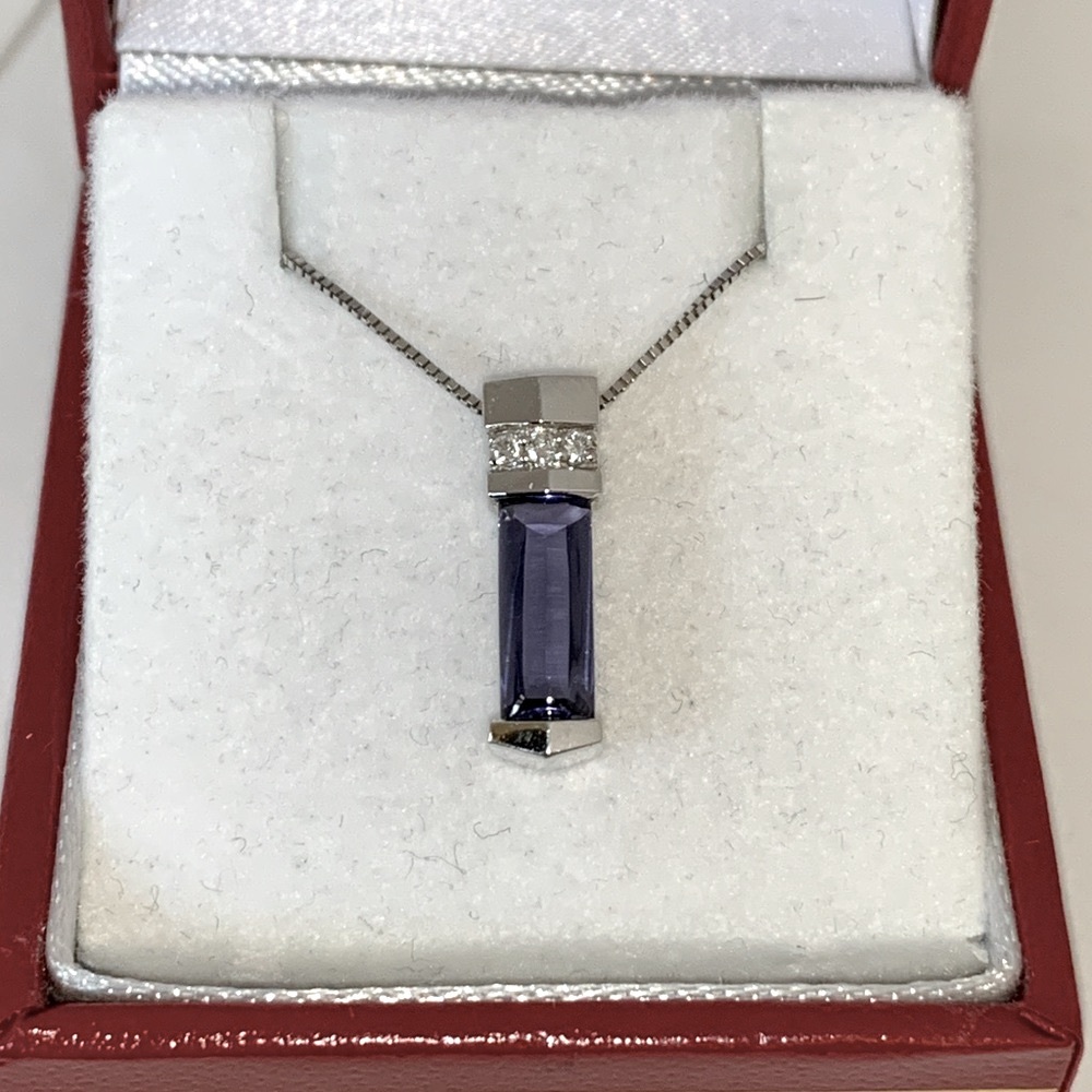 Solid 14K White Gold Modern Purple Iolite ? Natural Gemstone Diamond Necklace